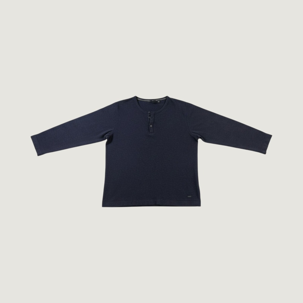 BOSS Hugo Boss Mens XL Slim Fit Navy Blue Waffle Knit Long Sleeve Henley Shirt